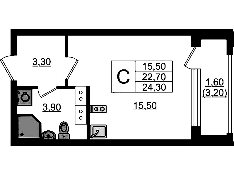 Квартира студия 24.3 м², 13/13 эт., ЖК «Тайм Сквер»